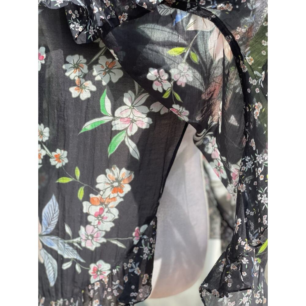 Megan Park Mixed Print Women’s Black Floral Gauzy Cotton Silk Ruffle Shirt Sz M - Picture 5 of 10